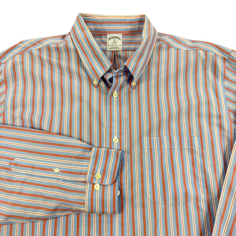 Brooks Brothers‎ Regent Shirt Mens XL Blue Orange Stripe 1818 Non Iron Cotton